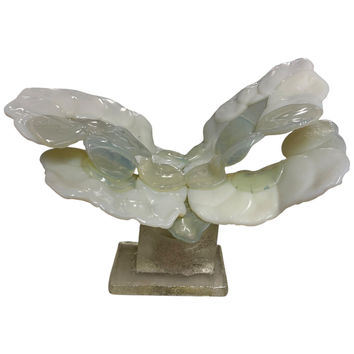 Vintage Abstract Art Glass Sculpture White Opaline Green Accent Cubist Base 1970