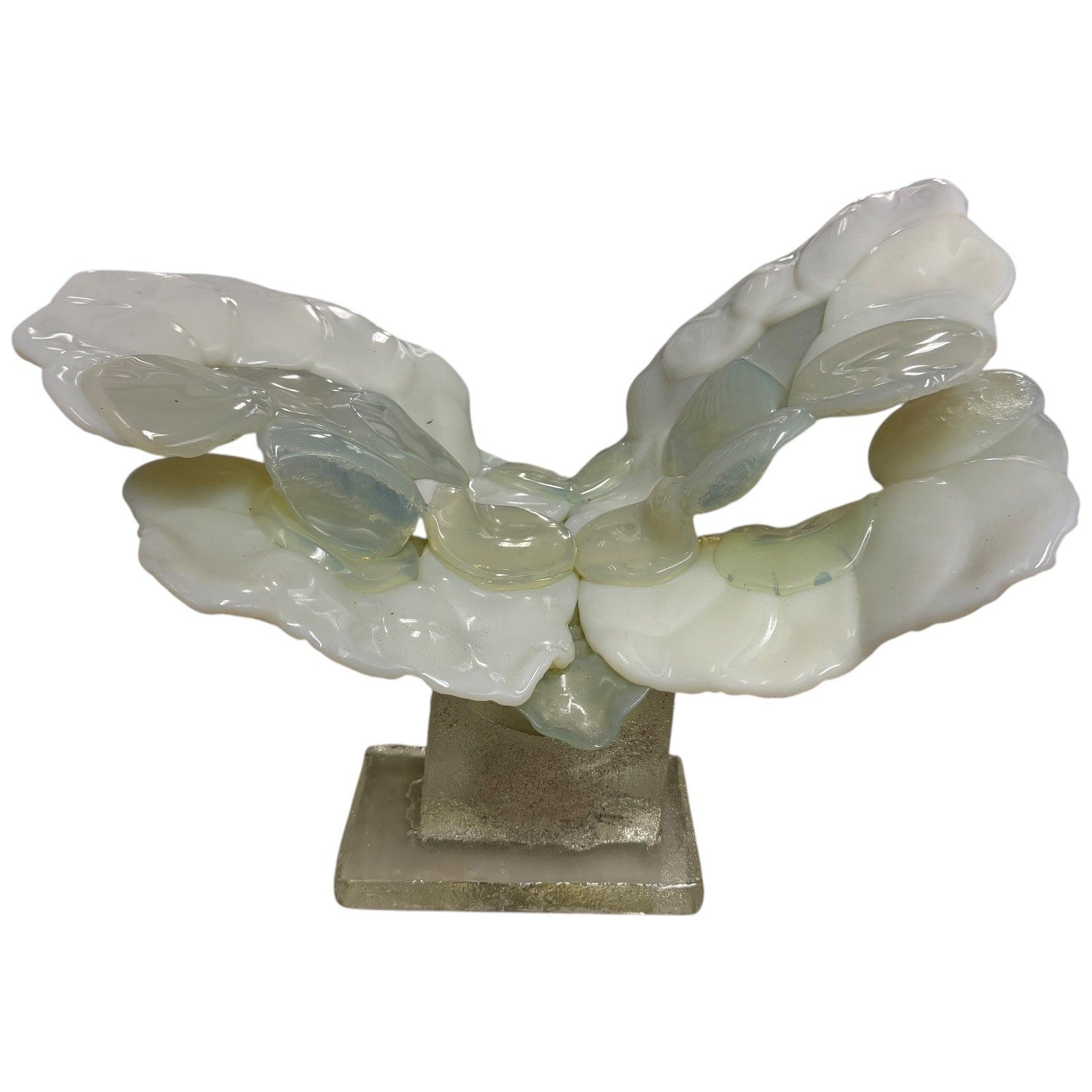 Vintage Abstract Art Glass Sculpture White Opaline Green Accent Cubist Base 1970