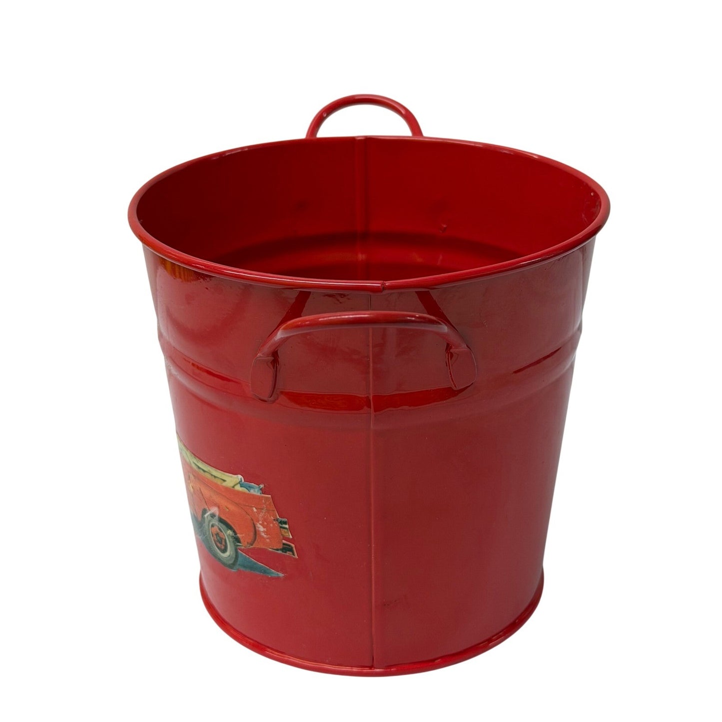 Red Metal Bucket with Vintage Pickup Truck Graphic and Handles