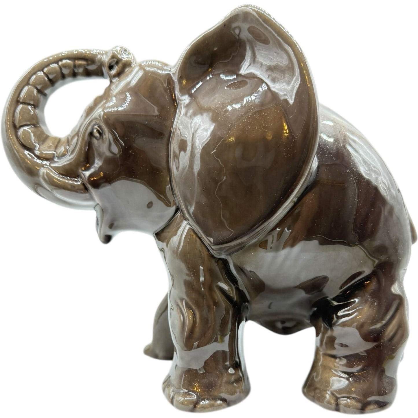 Vintage Porcelain Elephant Figurine 7" Japan | Trunk Up Good Luck | Gray/Brown