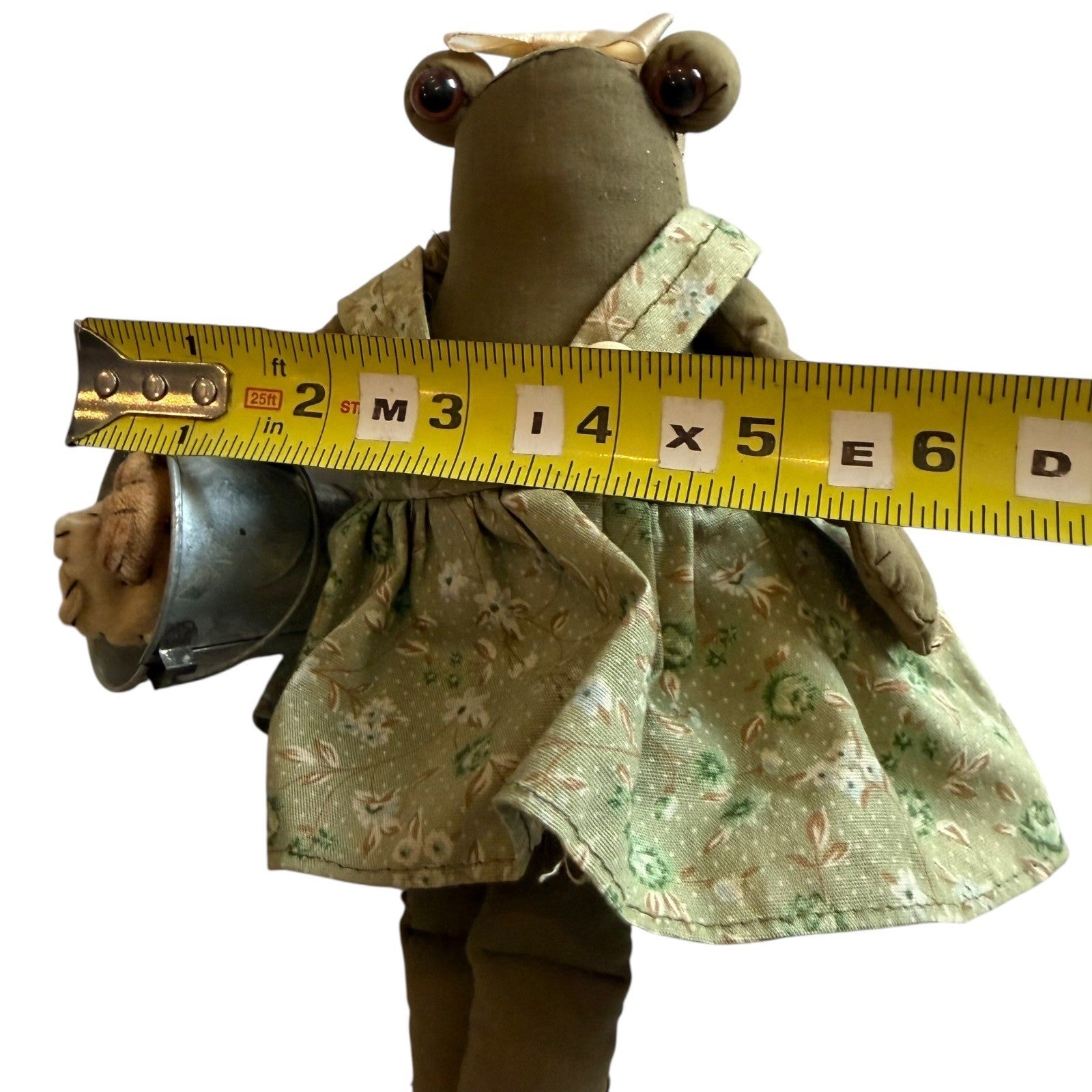 Handmade Primitive Frog Doll Floral Jumper with Metal Bucket and Fish Vintage