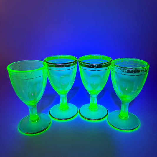 Vintage Uranium Glass Cordial Glasses Set of 4 Gold Rim Vaseline Glass Glows