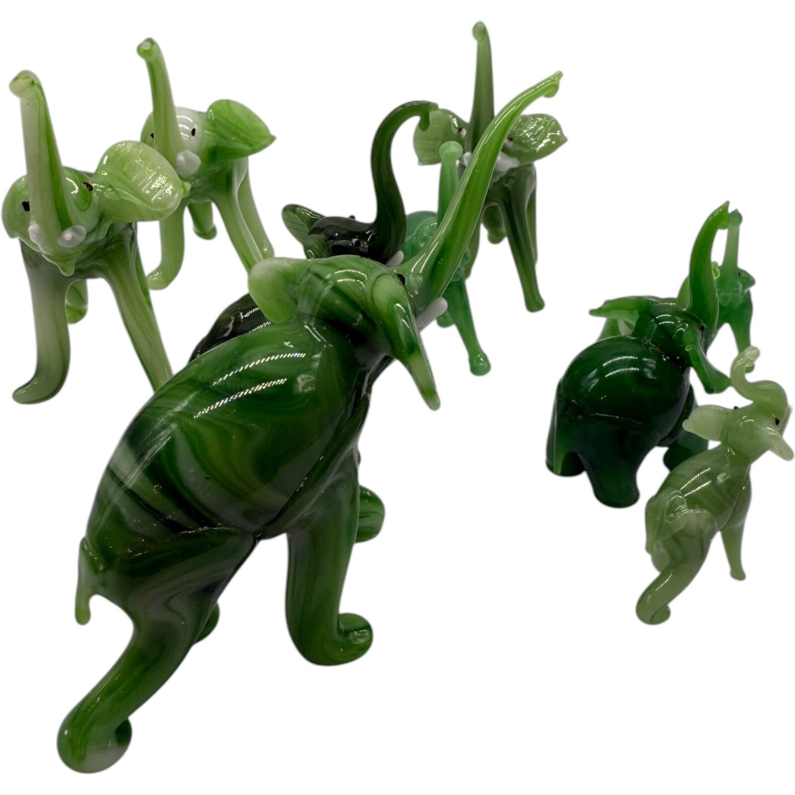 Hand Blown Glass Elephant Set - Swirled Green Family of 10 Vintage Collectibles
