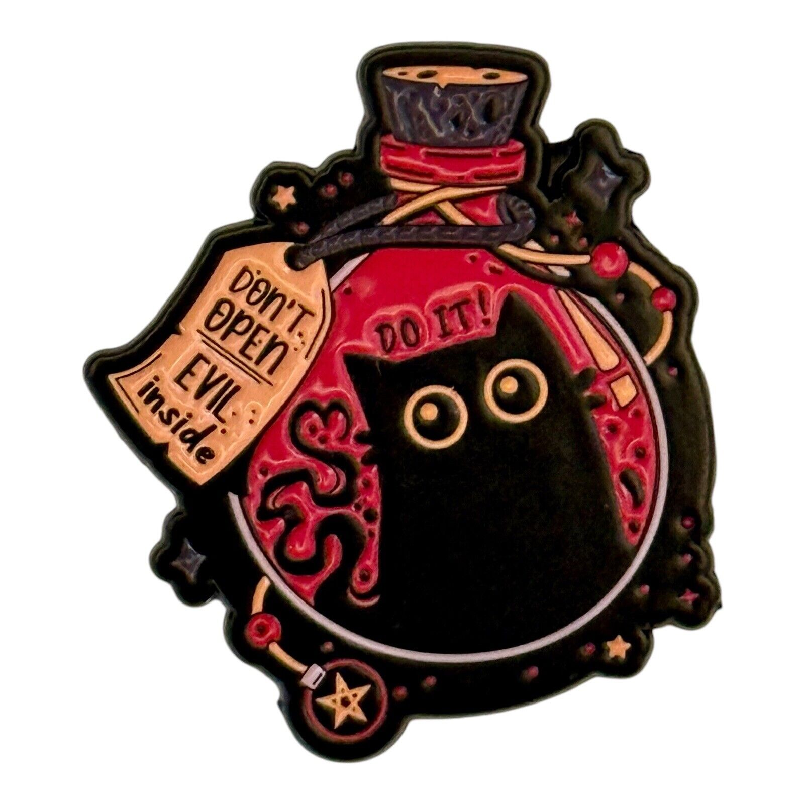 ‘Don’t Open Evil Inside’ Enamel Cat Pin Brooch Artsy Cat Lovers Gift
