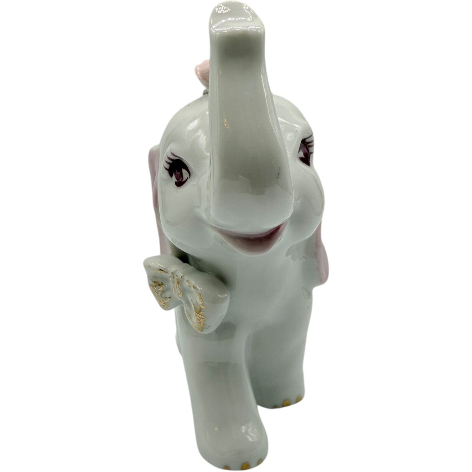 Vintage White Ceramic Elephant Figurine with Gold Tail & Highlighted Flowers