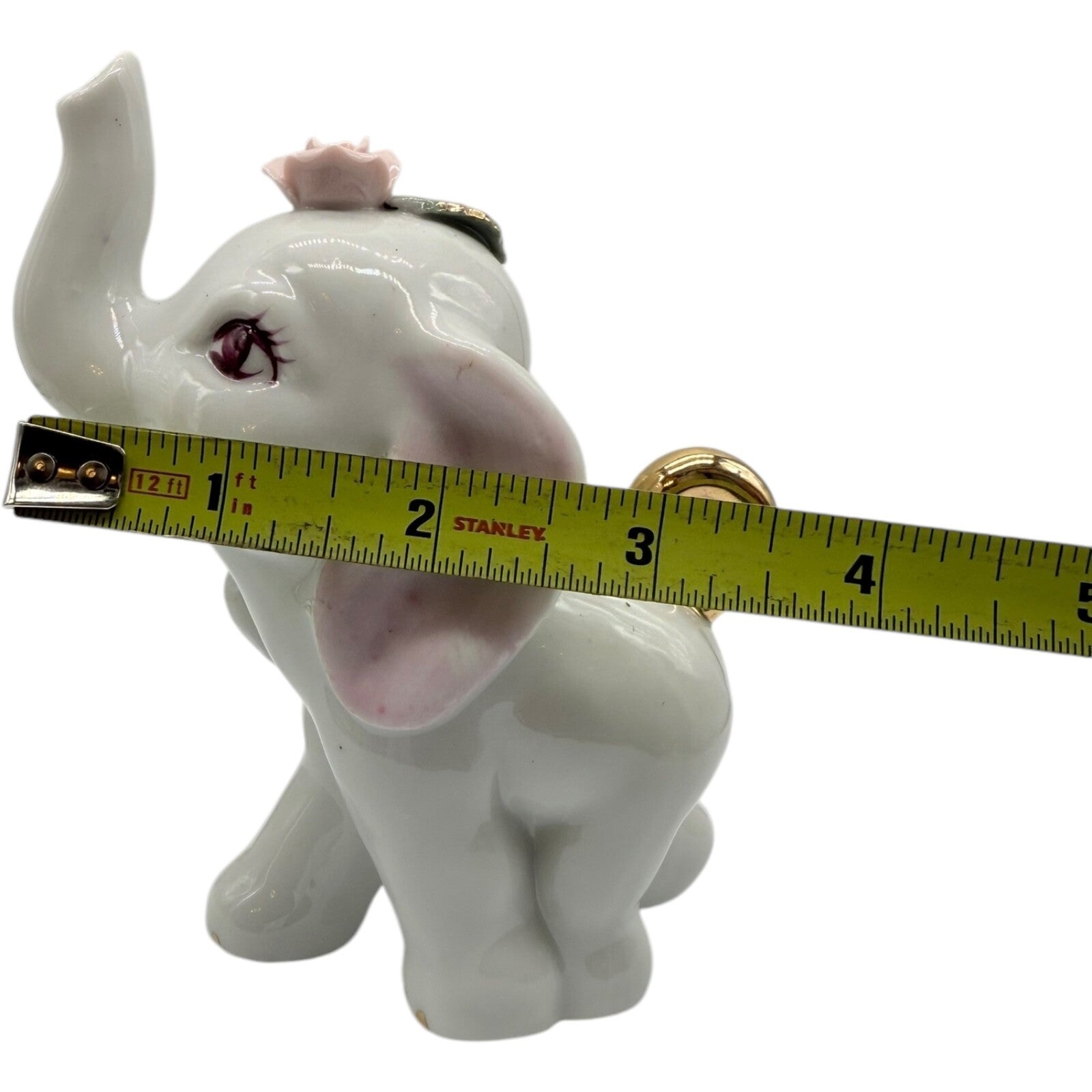 Vintage White Ceramic Elephant Figurine with Gold Tail & Highlighted Flowers