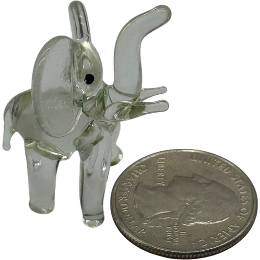 Hand Blown Glass Elephant Figurine - Miniature Collectible, Clear, Trunk Up