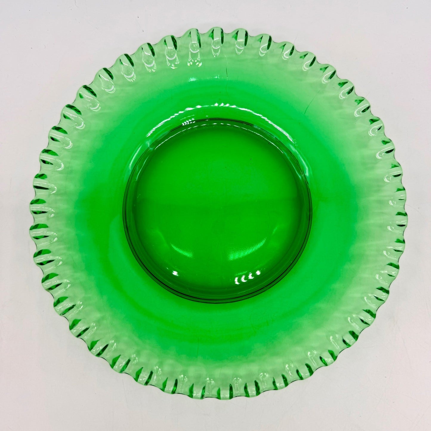 Vintage Emerald Green Glass Plates Set of 12 Ruffled Pie Crust Rim Dessert Salad