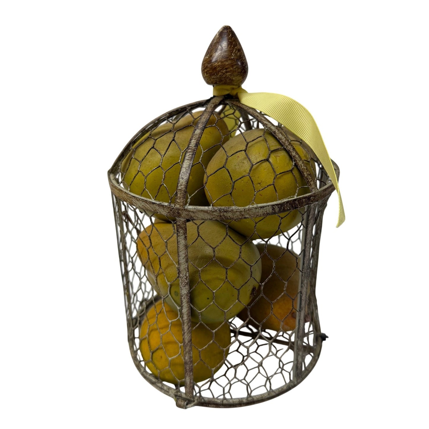 Rustic Wire Birdcage Basket with Faux Yellow Pears Farmhouse Decor Centerpiece