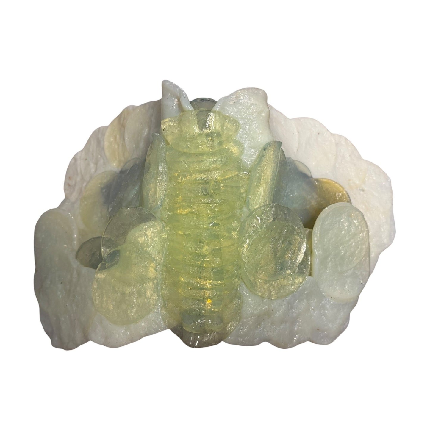 Vintage Abstract Art Glass Sculpture White Opaline Green Accent Cubist Base 1970