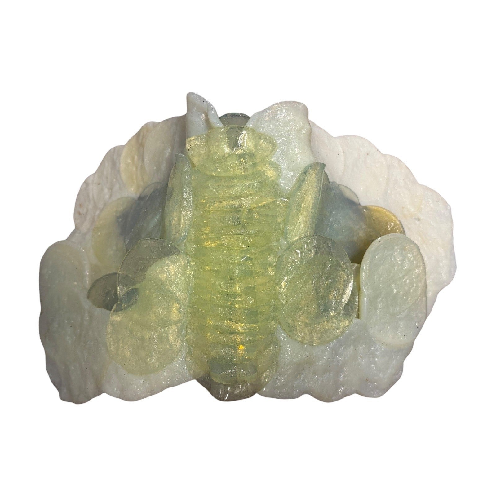 Vintage Abstract Art Glass Sculpture White Opaline Green Accent Cubist Base 1970
