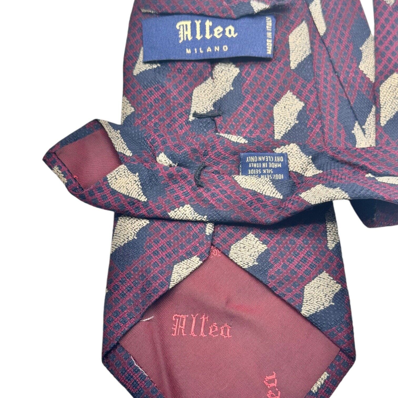 Allea Milano 100% Blue Maroon & Cream Geometric Silk Textured Neck Tie 57” x 4”