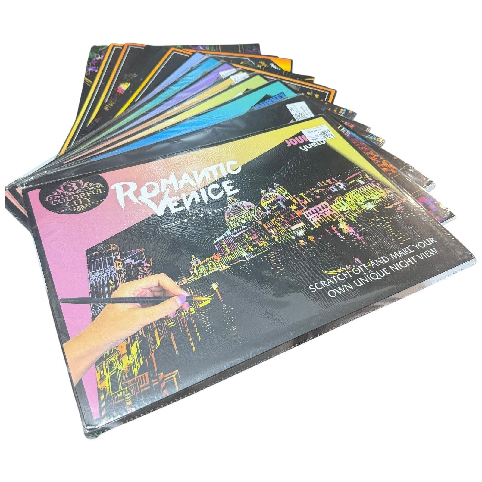 Lot of 14 Scratch Art Boards Colorful City Night View – Mixed Set No Stylus