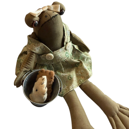 Handmade Primitive Frog Doll Floral Jumper with Metal Bucket and Fish Vintage