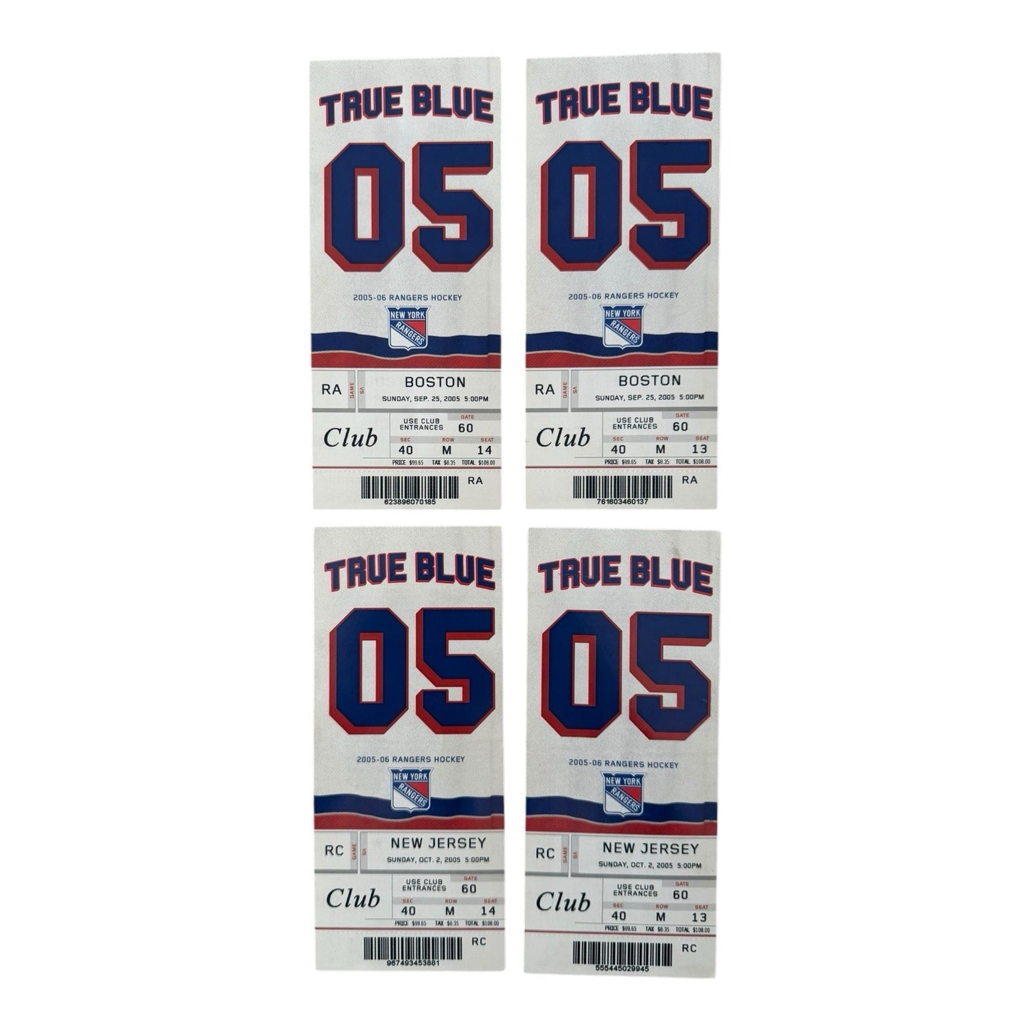 New York Rangers Preseason Ticket Stubs (4) vs. Bruins & Devils – 2005
