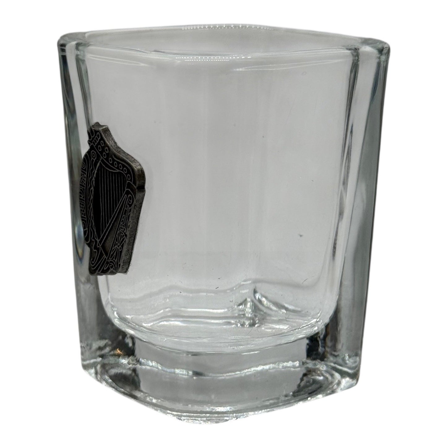 Irish Shot Glass Souvenir Shamrock Harp Pewter Emblem Barware Collectible