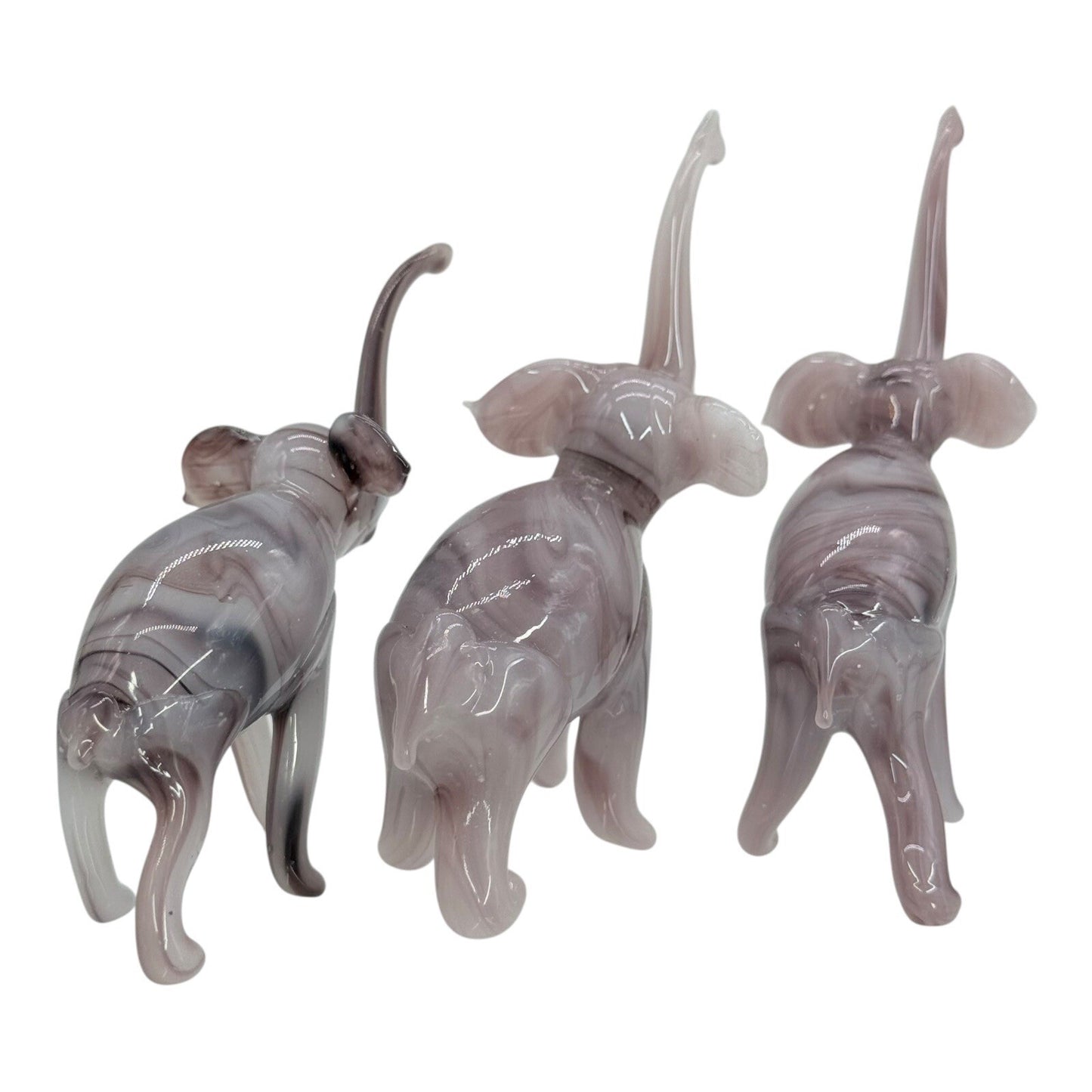 Murano Style Glass Elephant Figurines Set of 3 Trunk Up Good Luck Decor