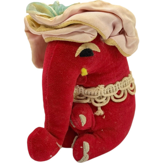 Vintage Red Elephant Plush Toy Stuffed Animal with Bonnet & Lace Trim