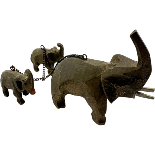 Vintage 1950s German Hand-Carved Wooden Elephant Toy Set with 2 Baby Elephants