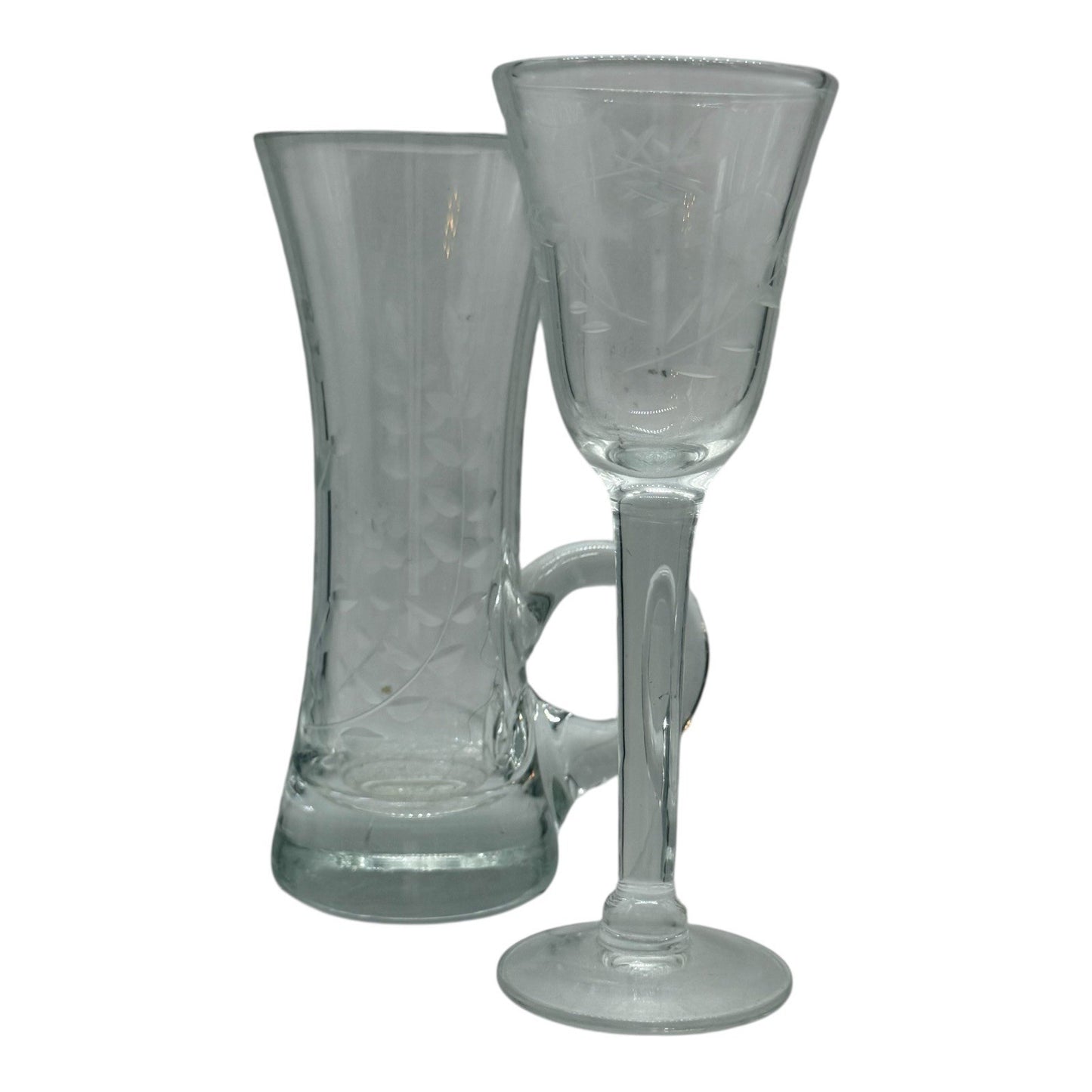 Etched Glass Vase & Wine Glass Set Floral Design Bud Vase Stemware