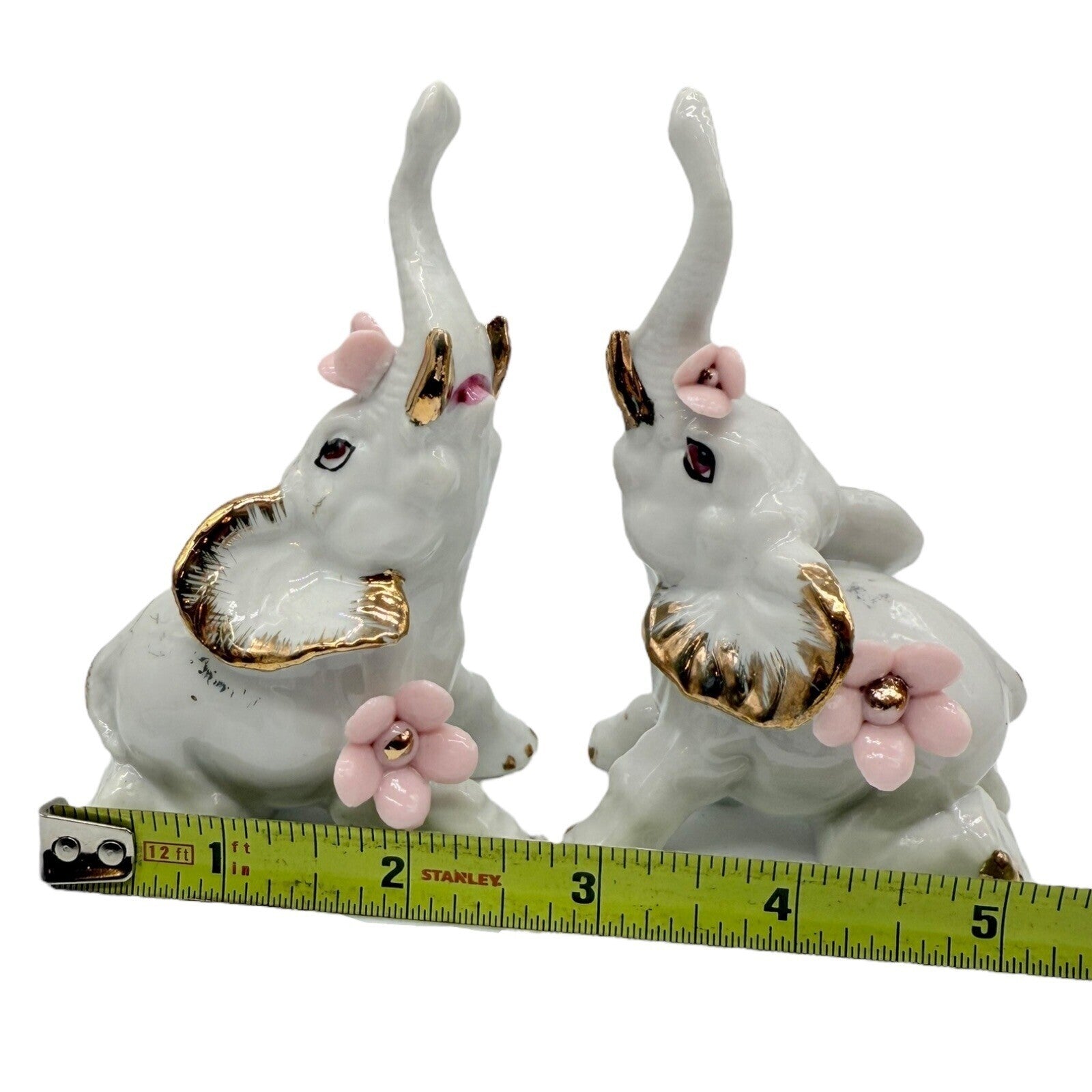 Elephant Figurines White Porcelain Gold Trim Pink Flowers Home Decor Set