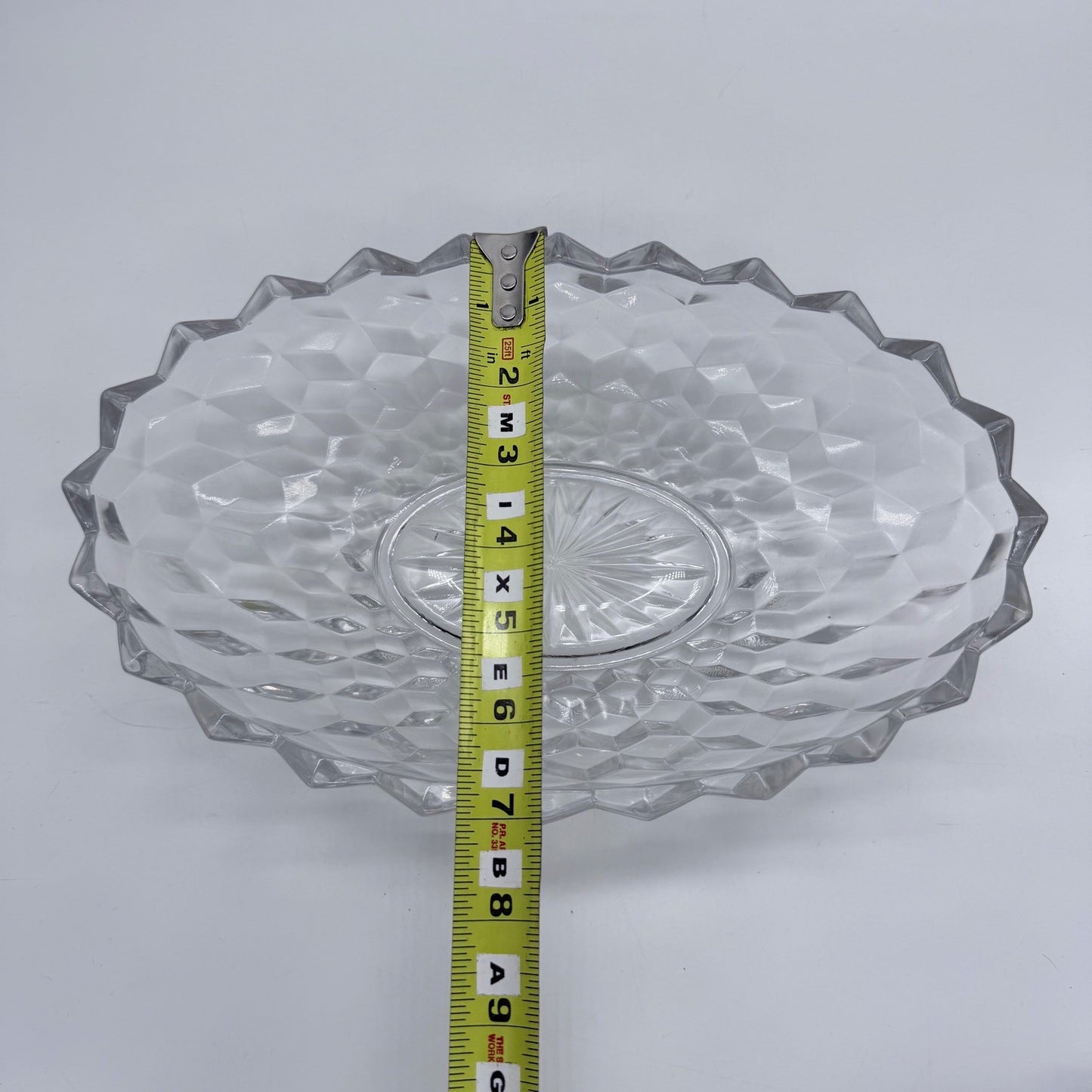 Vintage Cut Glass Serving Bowl Diamond Pattern Scalloped Rim 11 Inch