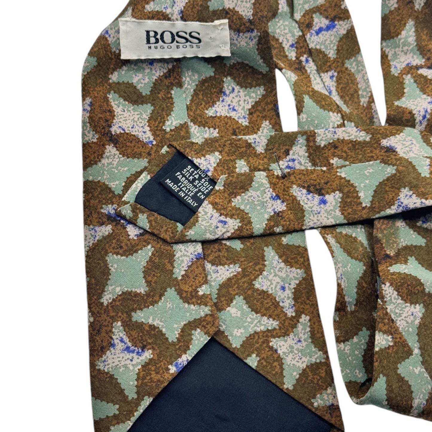 HUGO BOSS Mens 100% Silk Necktie ITALY Designer Aqua Green/Ivory 56” x 3.75”