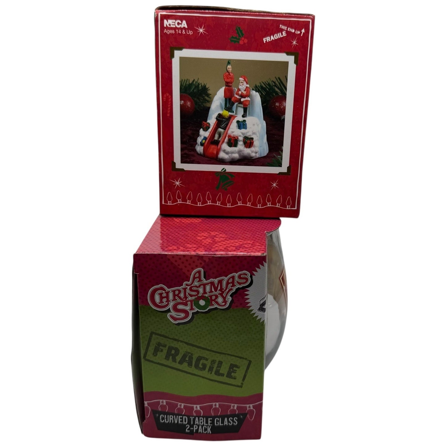 NECA A Christmas Story Santa Slide Figurine & Curved Table Glass 2 Pack Set