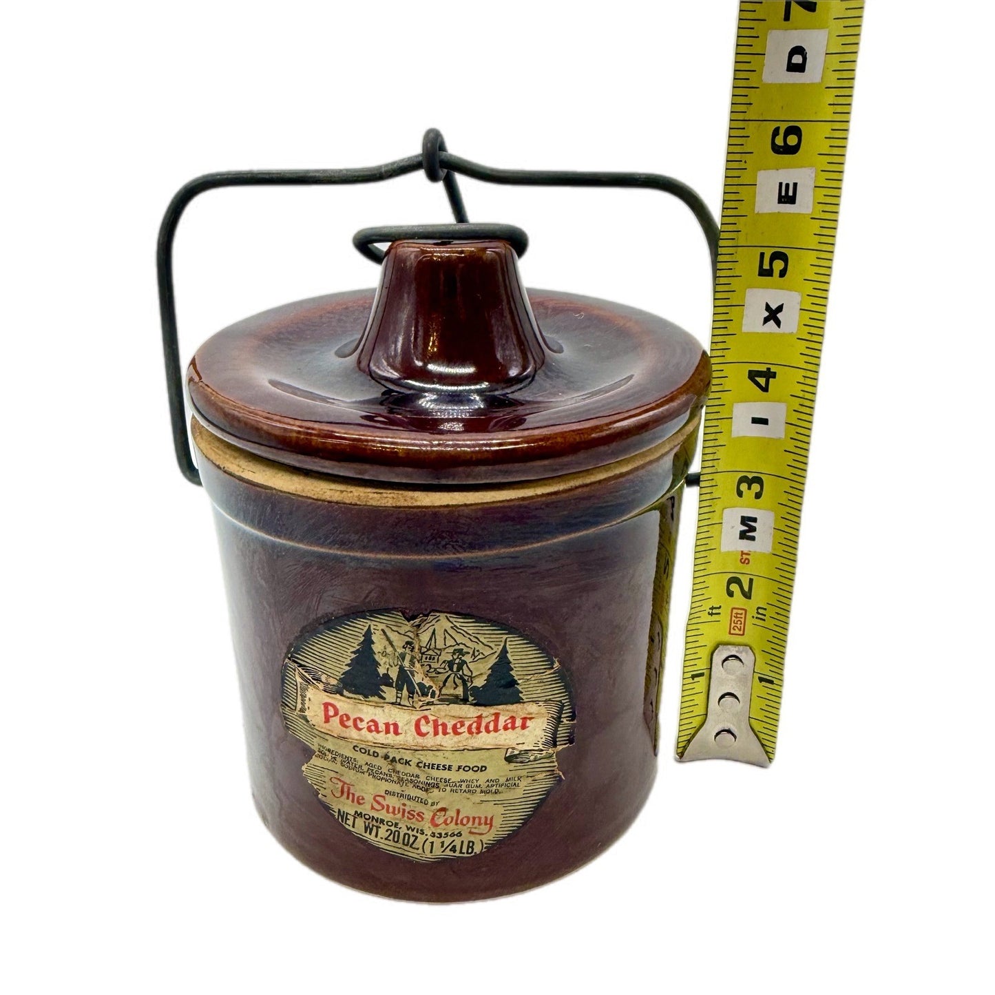 Vintage Swiss Colony Pecan Cheddar Crock Jug Jar with Lid Wire Handle