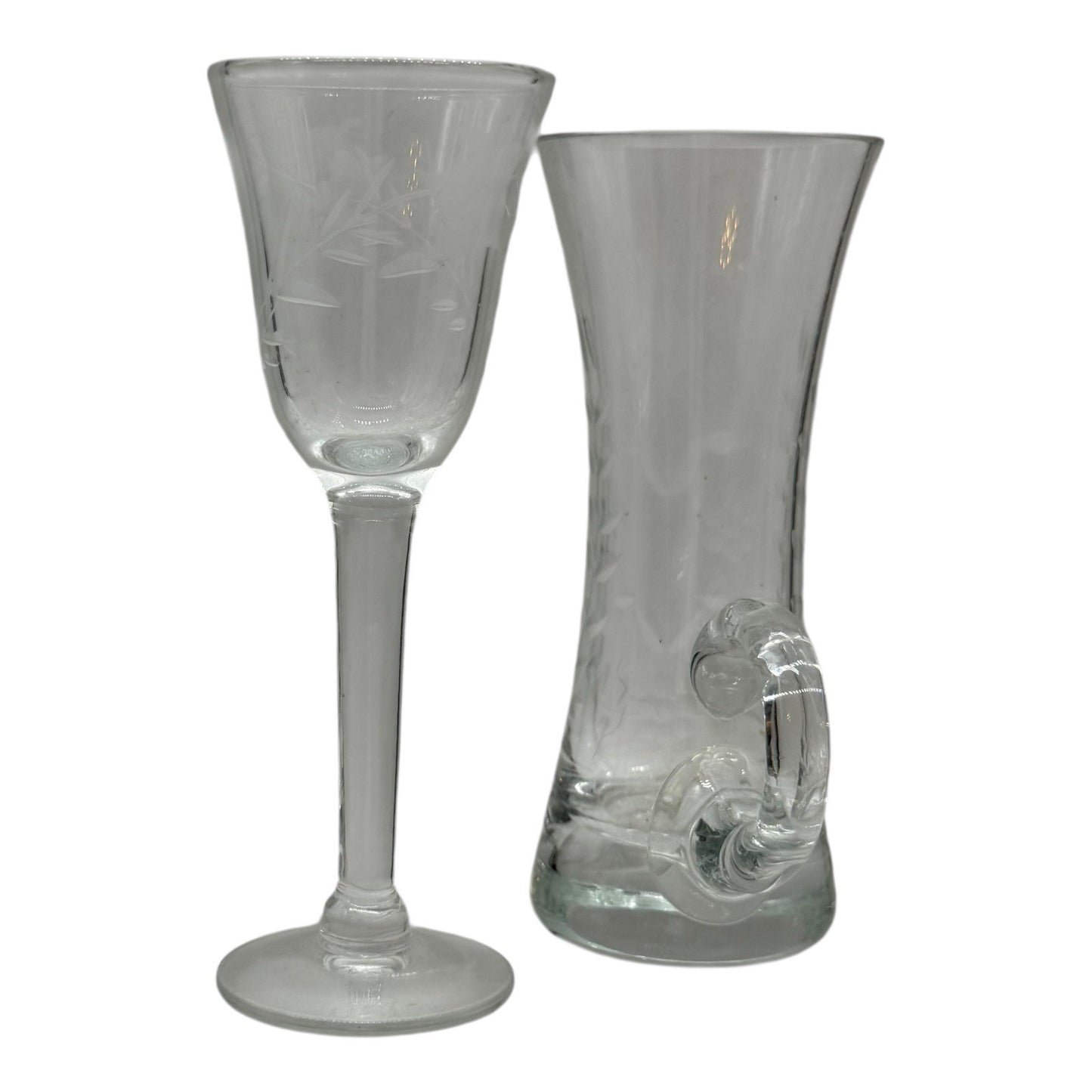 Etched Glass Vase & Wine Glass Set Floral Design Bud Vase Stemware