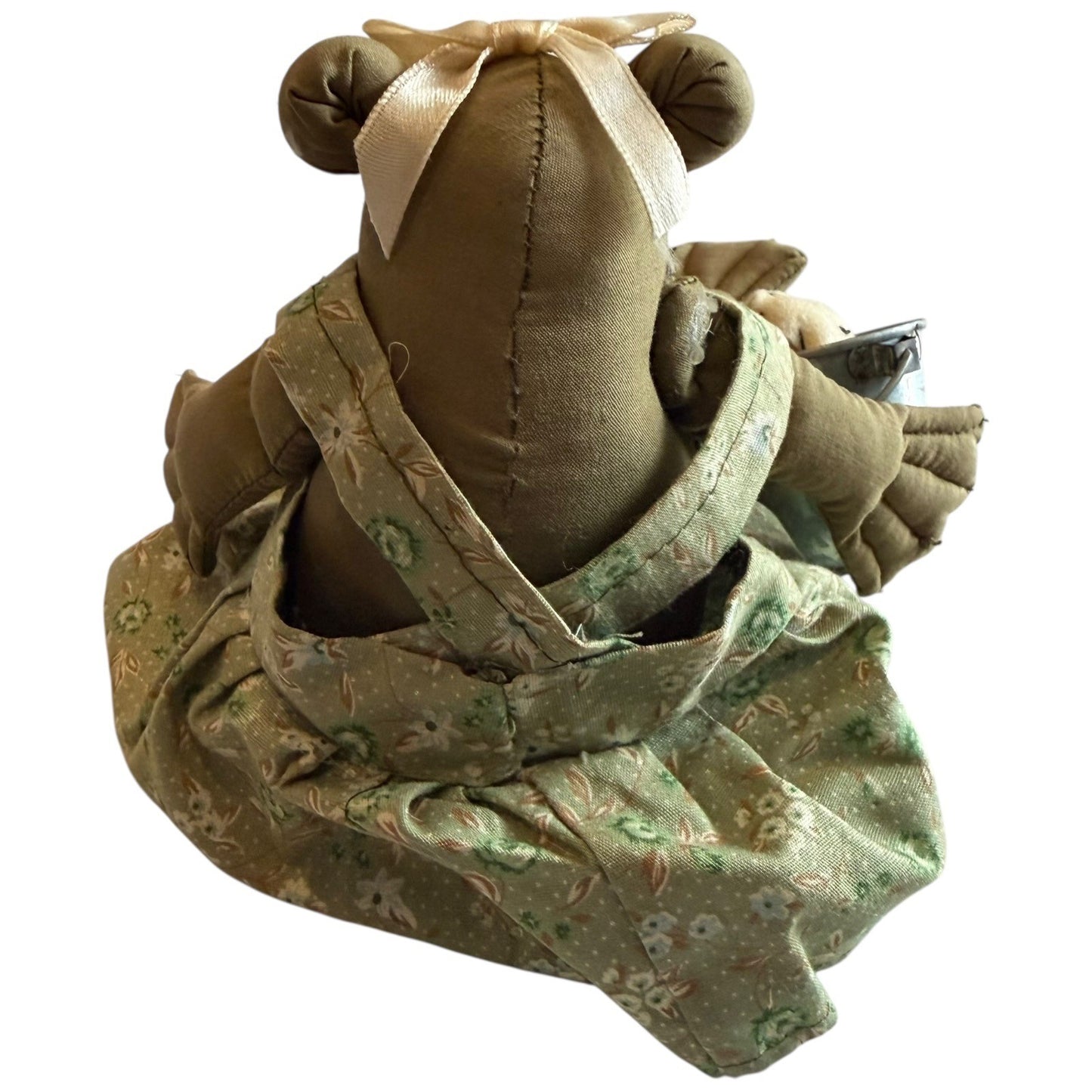 Handmade Primitive Frog Doll Floral Jumper with Metal Bucket and Fish Vintage