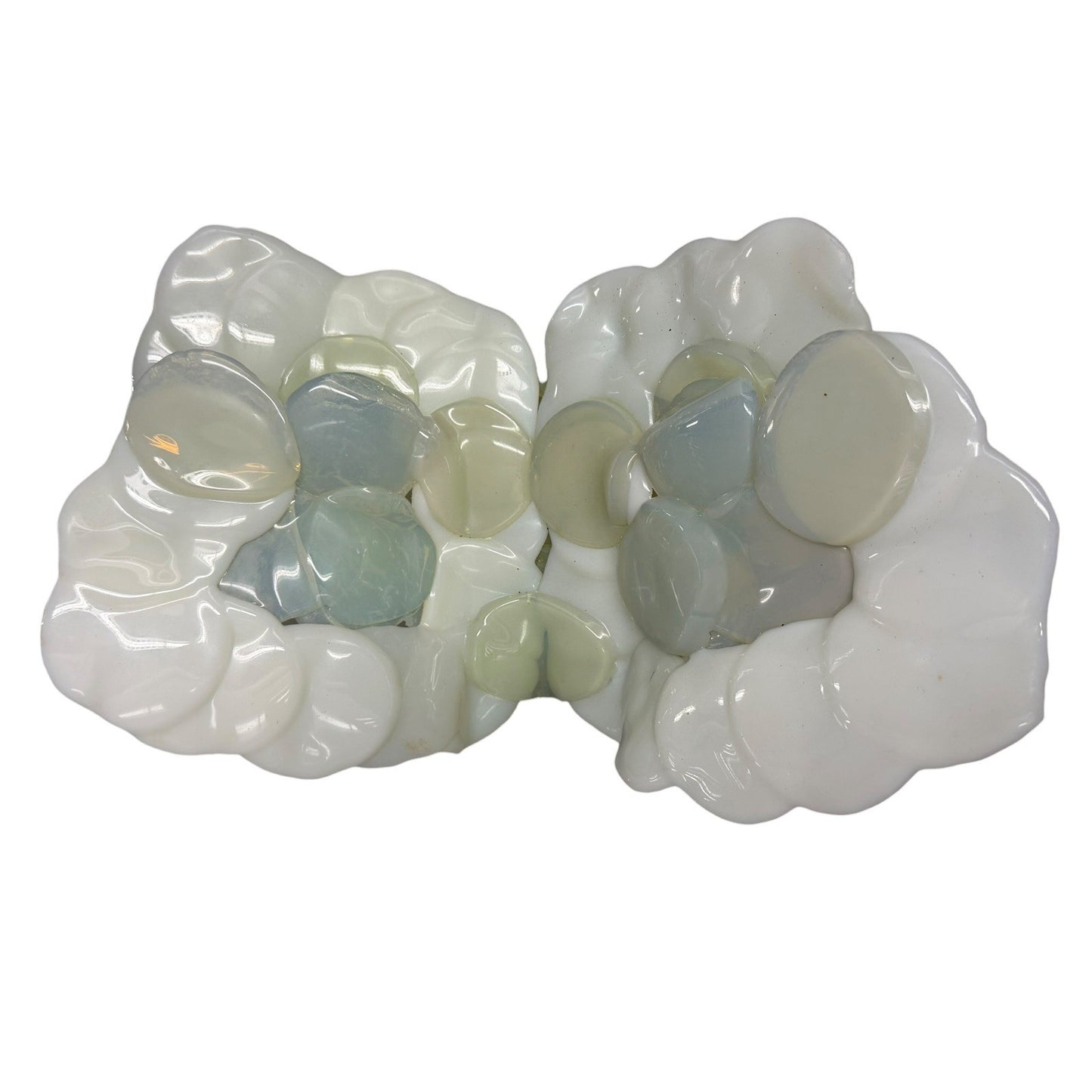 Vintage Abstract Art Glass Sculpture White Opaline Green Accent Cubist Base 1970