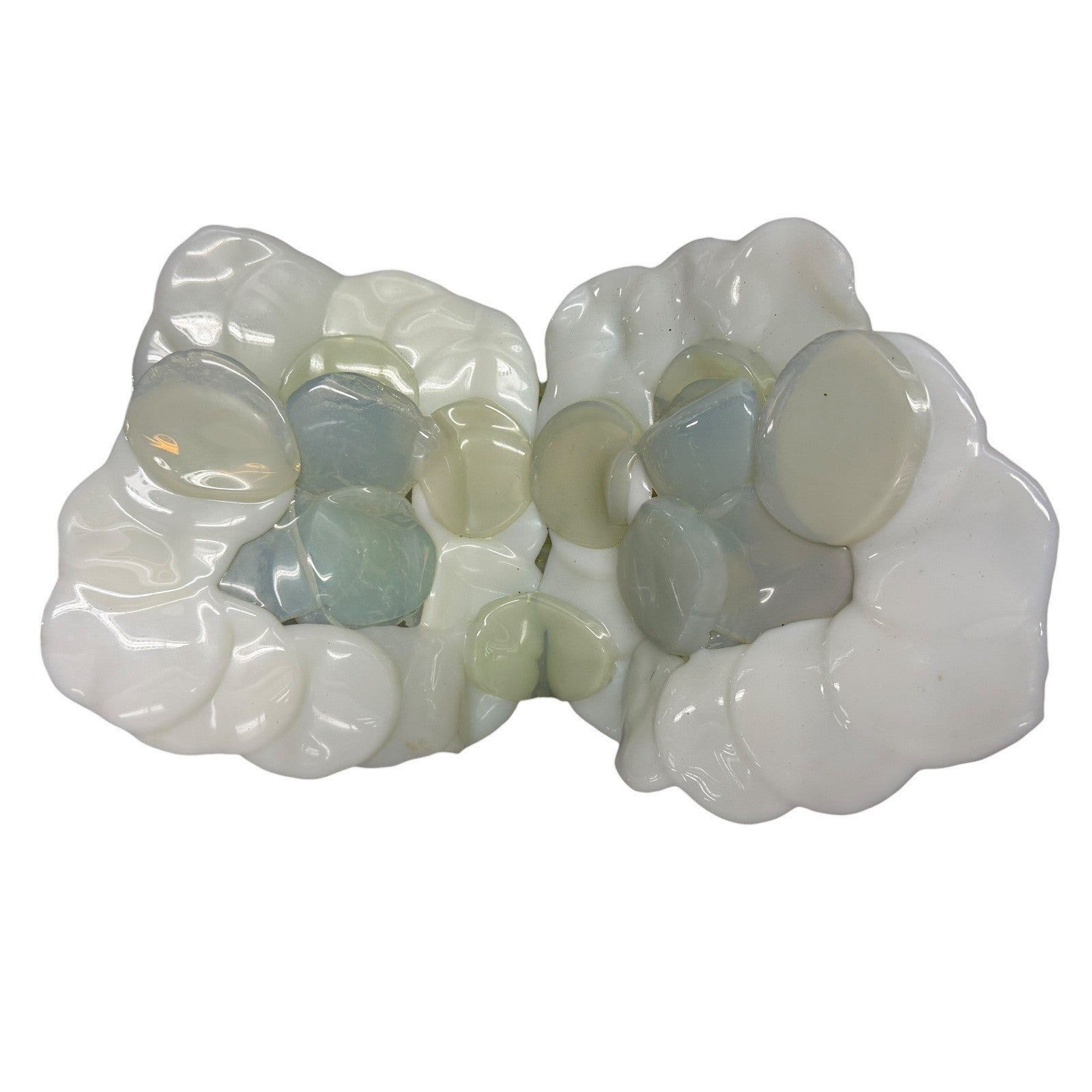 Vintage Abstract Art Glass Sculpture White Opaline Green Accent Cubist Base 1970