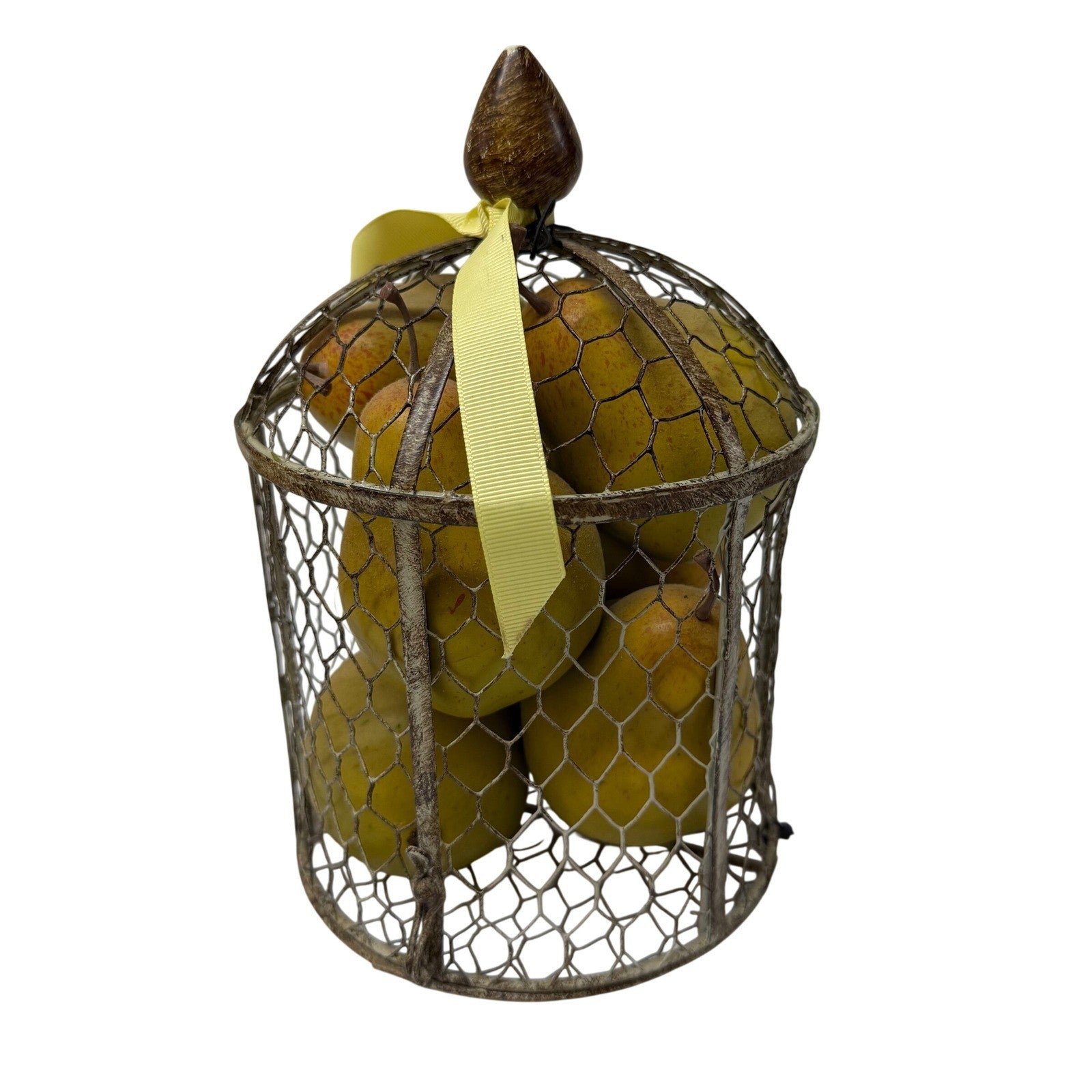 Rustic Wire Birdcage Basket with Faux Yellow Pears Farmhouse Decor Centerpiece