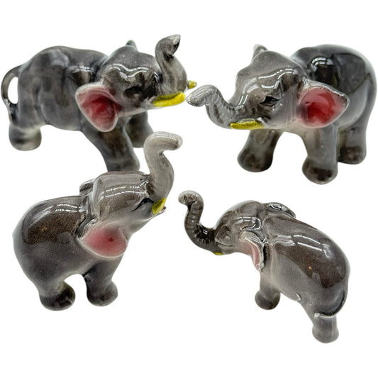 4 Vintage Ceramic Elephant Figurines - Porcelain Family Set - Made in Japan