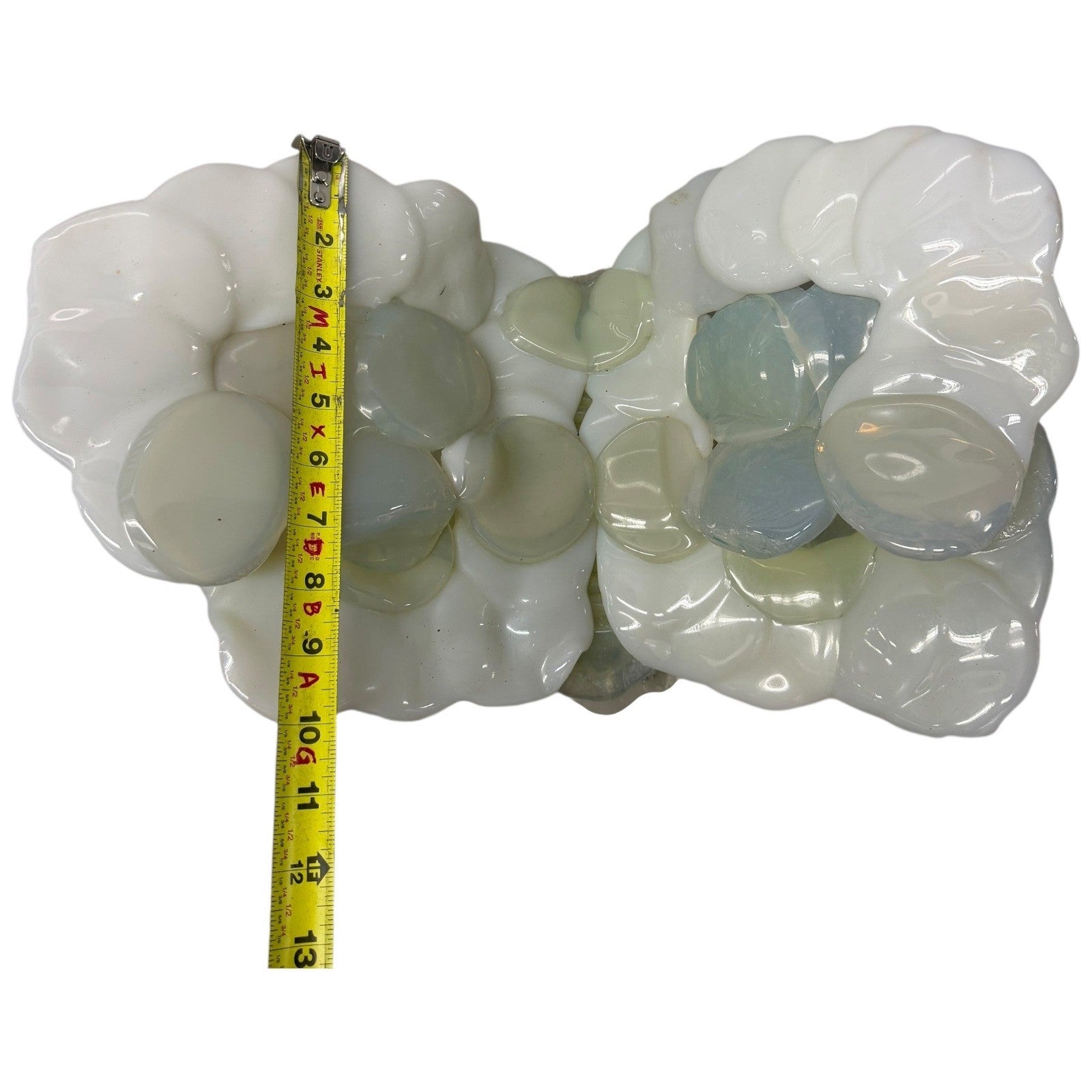 Vintage Abstract Art Glass Sculpture White Opaline Green Accent Cubist Base 1970