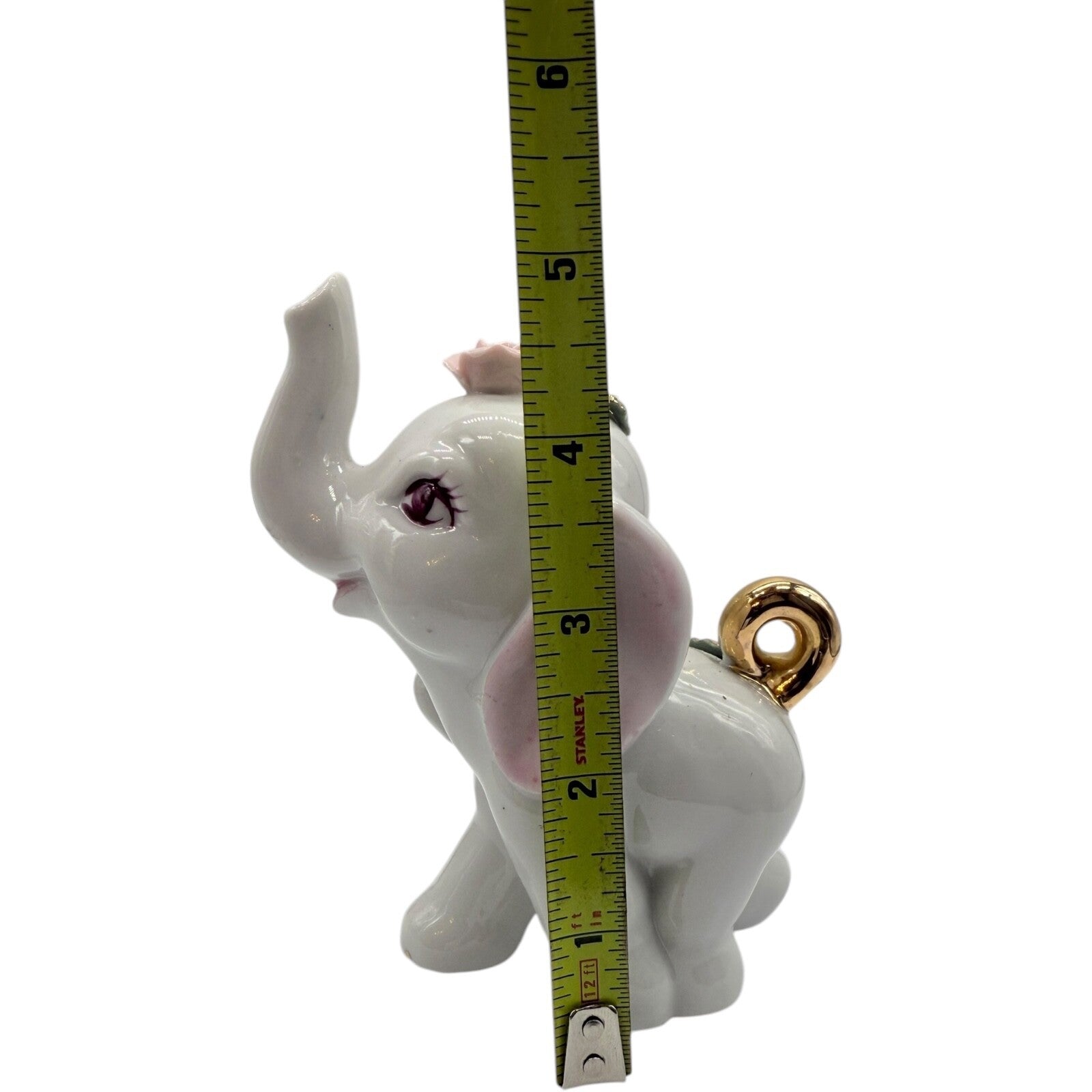 Vintage White Ceramic Elephant Figurine with Gold Tail & Highlighted Flowers