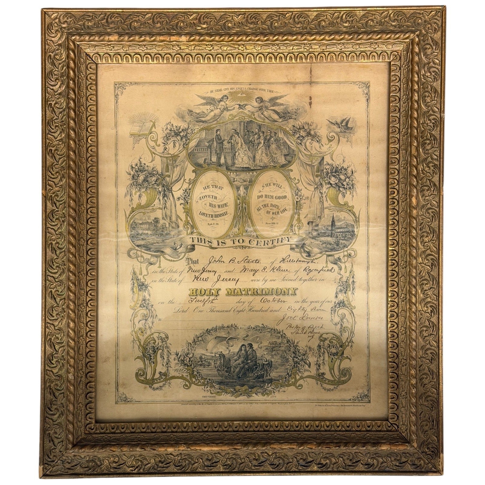 Antique 1881 Holy Matrimony Marriage Certificate John B Staats Mary E Kline NJ