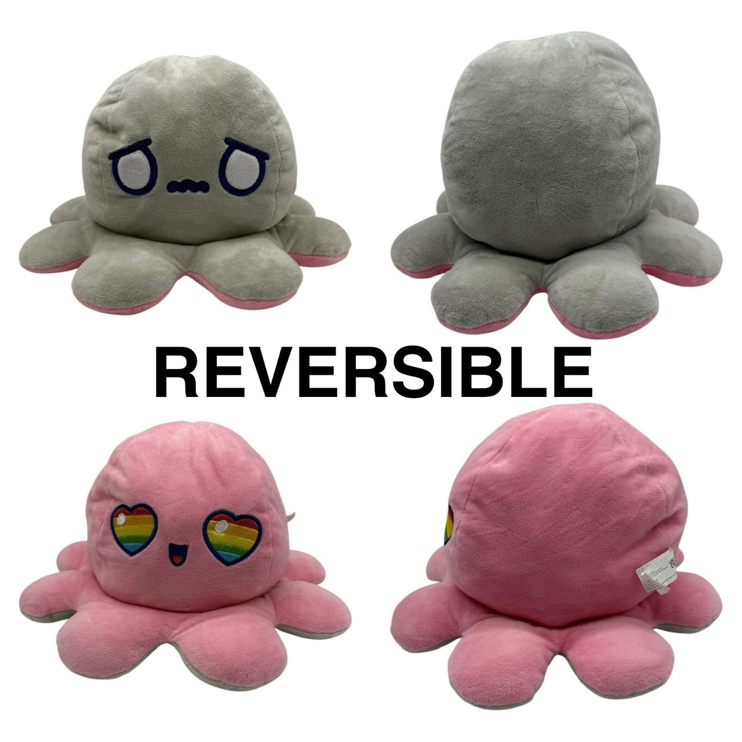 Teeturtle - The Original Reversible Octopus Plushie - Grey + Pink Rainbow Eyes