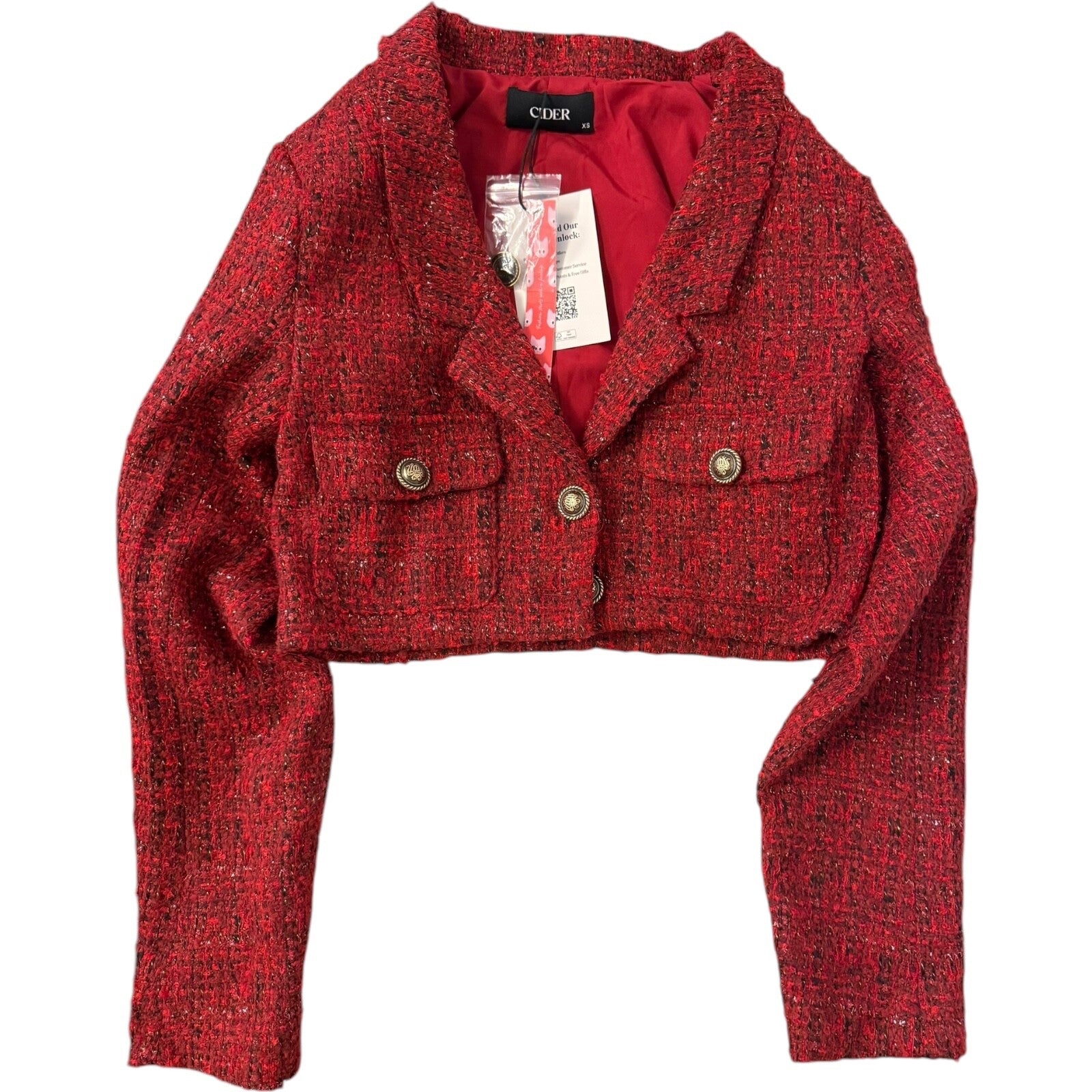 Cider Red Tweed Crop Top - Notched Collar, Slim Fit, Button Detail, Lined