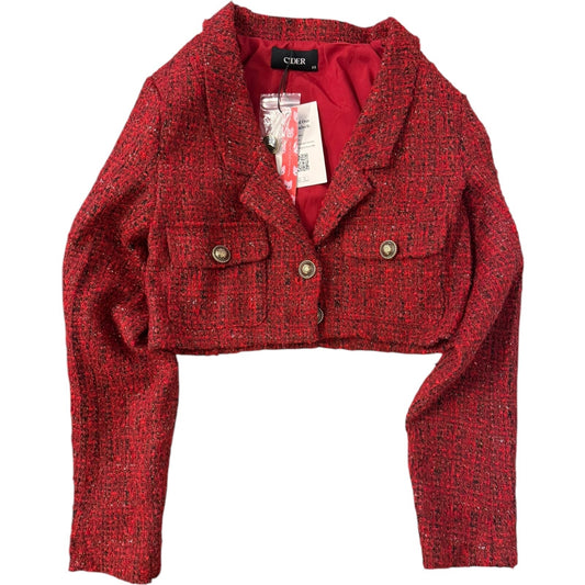 Cider Red Tweed Crop Top - Notched Collar, Slim Fit, Button Detail, Lined