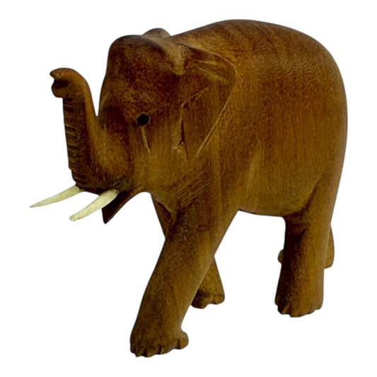 Hand Carved Wood Elephant Figurine Animal Statue Home Decor Trunk Up Small