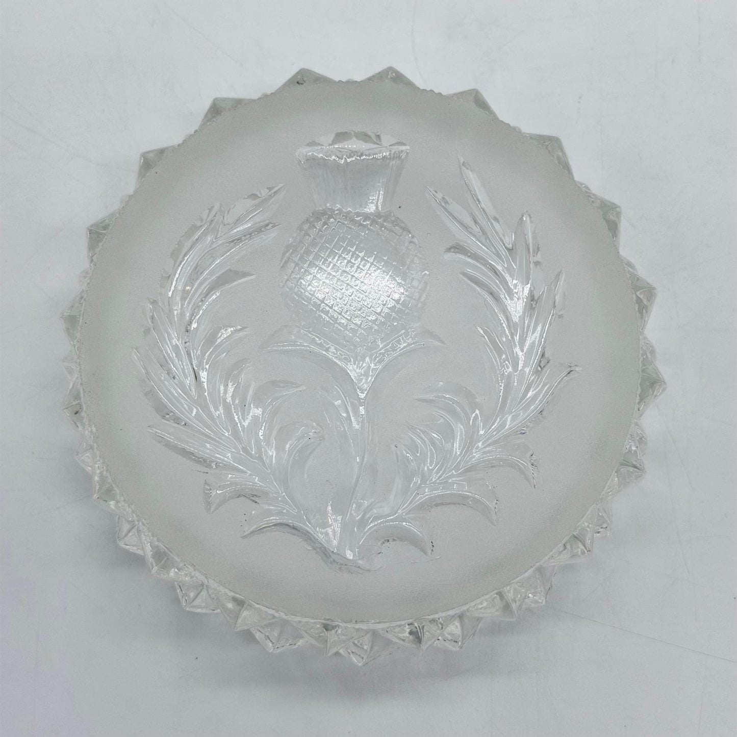 Vintage Scottish Thistle Pressed Glass Trinket Dish Diamond Cut Bowl