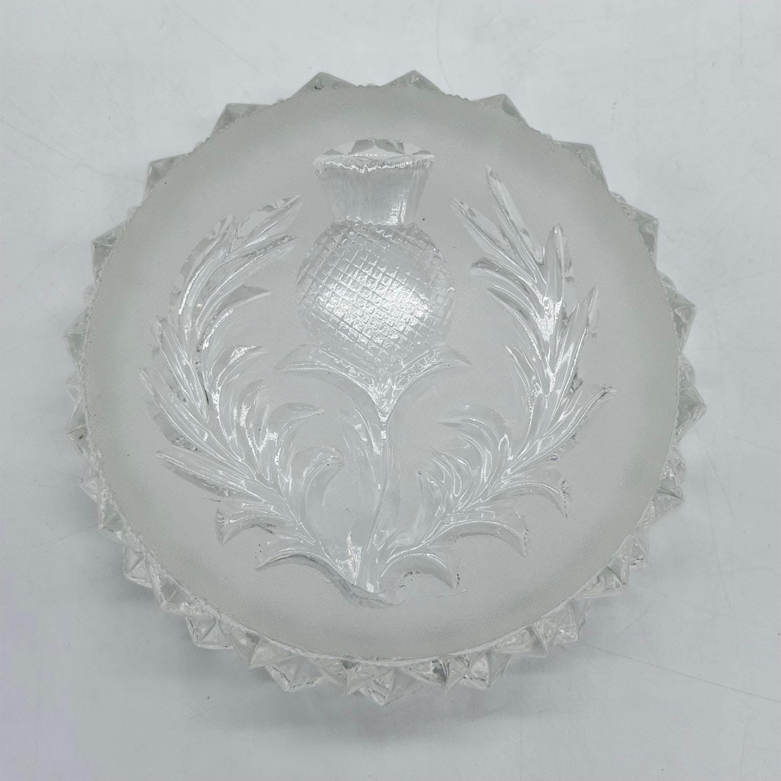 Vintage Scottish Thistle Pressed Glass Trinket Dish Diamond Cut Bowl