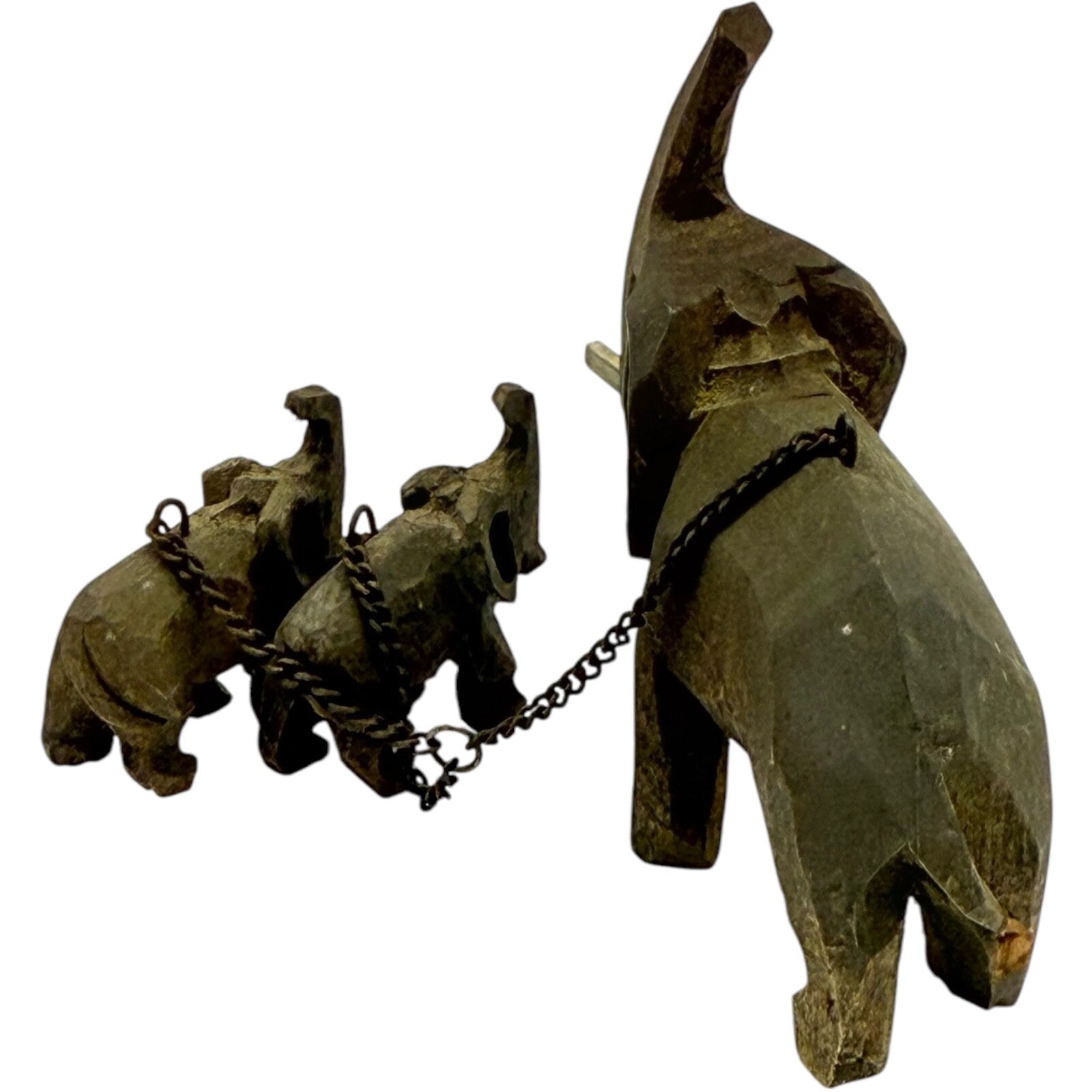 Vintage 1950s German Hand-Carved Wooden Elephant Toy Set with 2 Baby Elephants