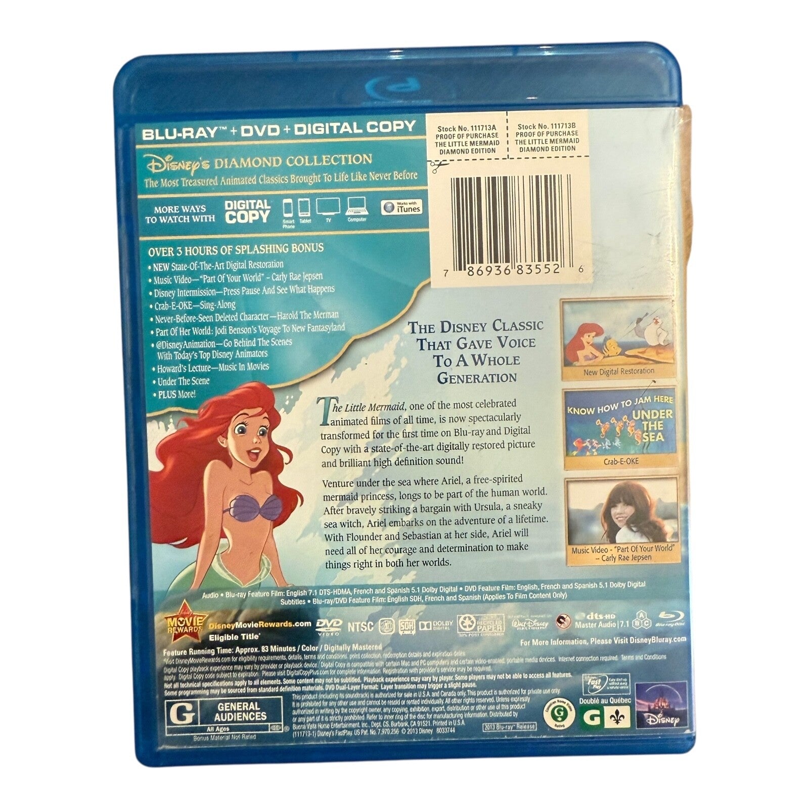 The Little Mermaid Diamond Edition Blu-ray DVD 2-Disc Set 2013 Disney Used