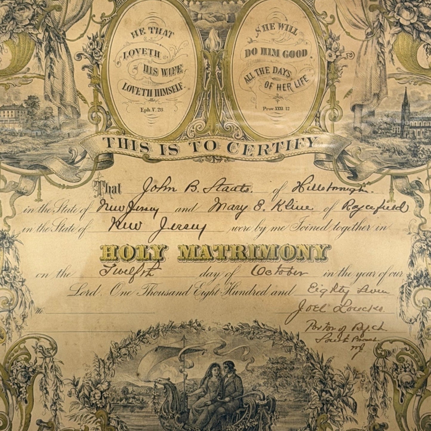 Antique 1881 Holy Matrimony Marriage Certificate John B Staats Mary E Kline NJ