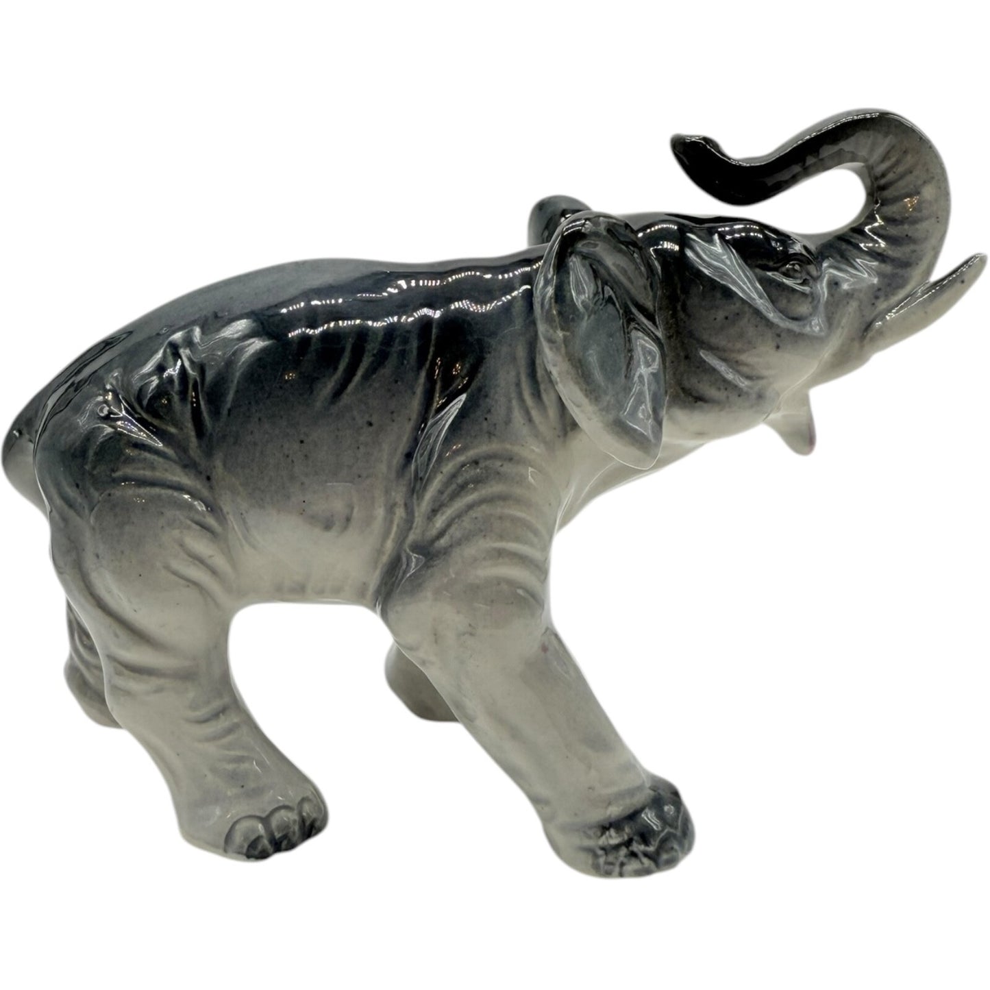 Vintage Japanese Dark Grey Porcelain Elephant Figurine - Trunk Up - Collectible