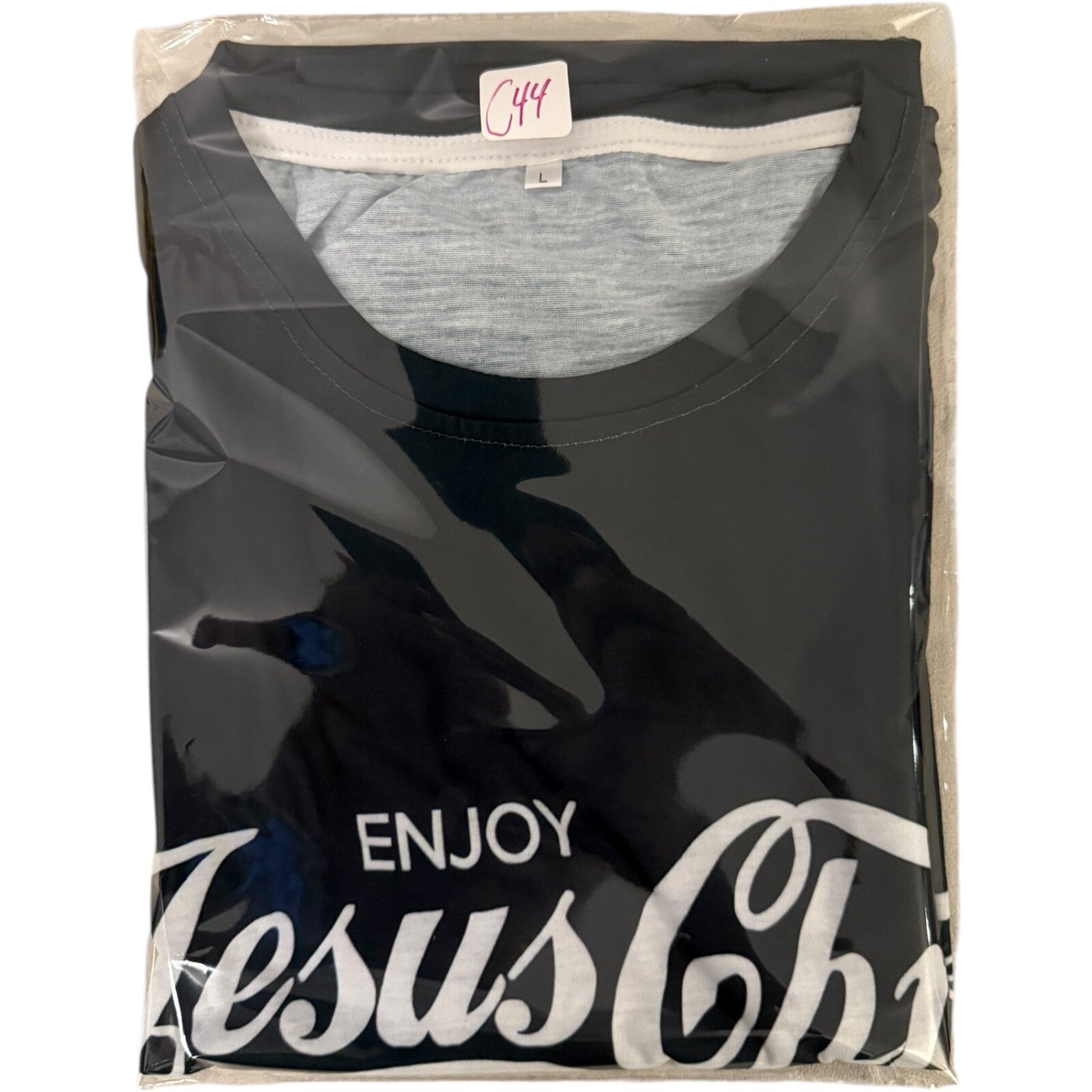 Enjoy Jesus Christ Graphic T-Shirt Adult Large Thou Shalt Never Thirst Navy Blue
