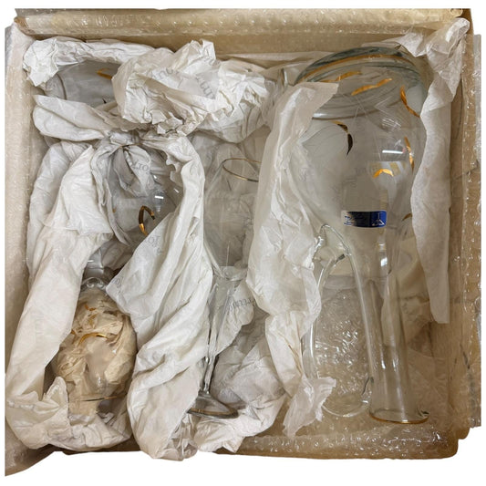 Fortunoff Crystal Industries Crystal Decanter Set Gold Rim Wine Glasses